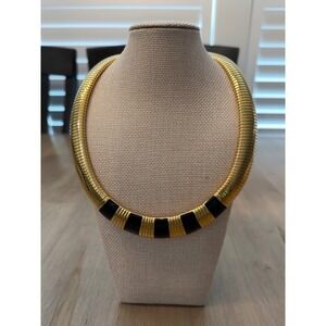 Vintage Monet Old Money Ribbed Enamel Omega Collar Necklace Women Gold Black